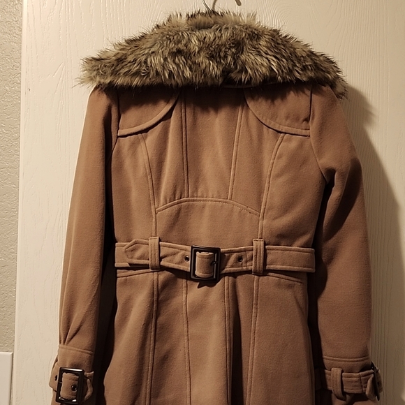 Tan Double Breasted Pea Coat with faux fur collar/ Free shipping! - Picture 6 of 7